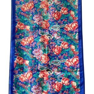 Vintage Red Roses Flower Paisley Scarf Shawl 11" X 53" Aqua Blue White Rectangle